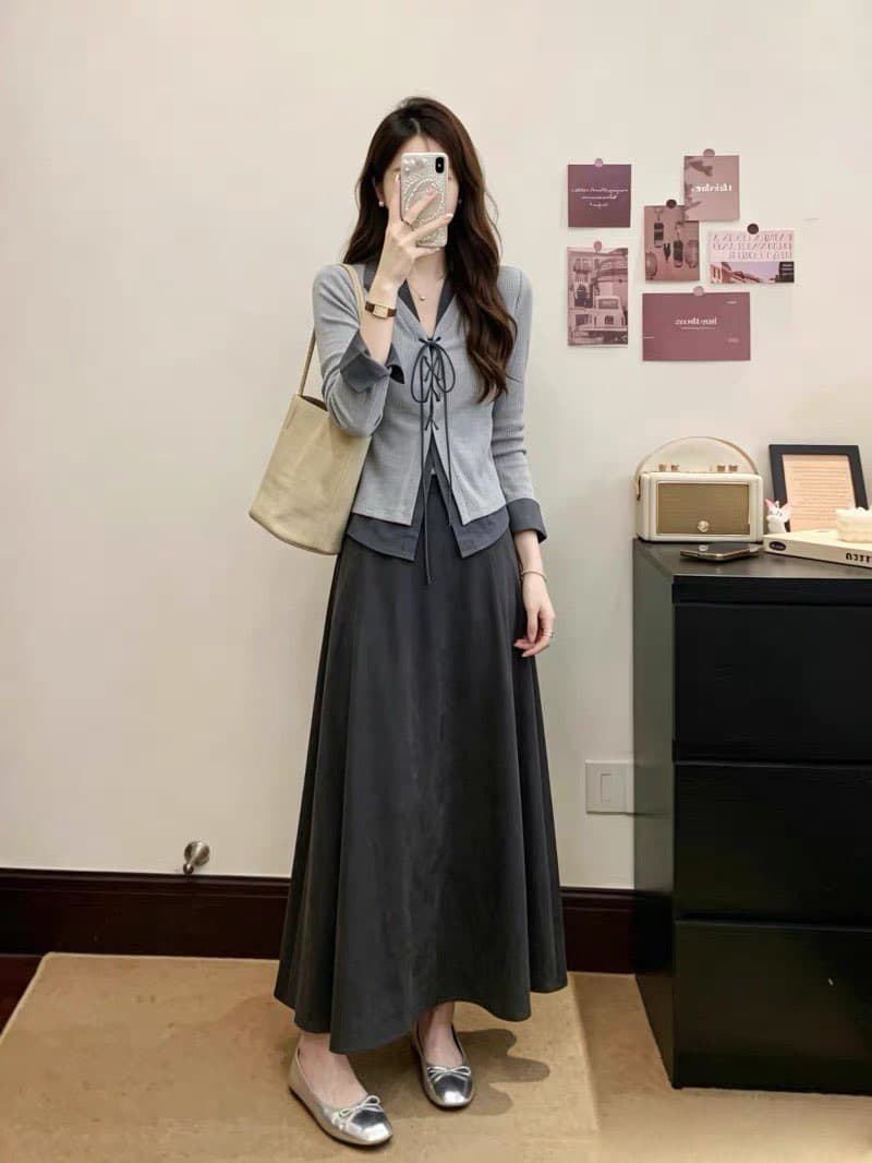 한 부서 분위기 센스 패치워크 페이크 레이어드 오픈 가디건 세트 드레스 여성 가을 2026 새로운 레트로 반신 스커트 투피스 세트 상세 이미지 1