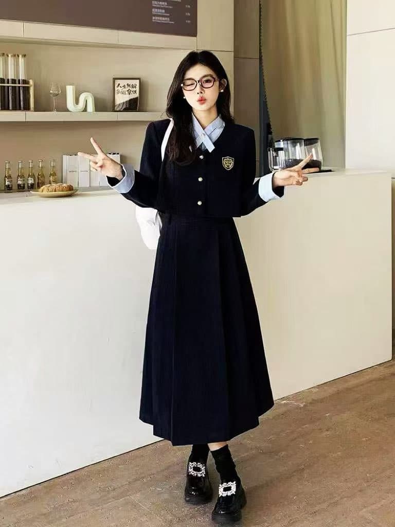 2026 학원 스타일 파란색 jk 유니폼 롱 스커트 세트 여성 가을 작은 샤넬 스타일 맨위 플리츠 반신 스커트 투피스 세트 이미지 3