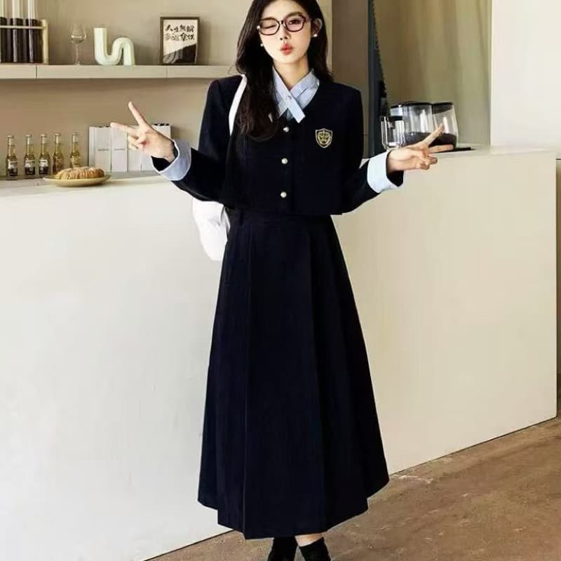 2026 학원 스타일 파란색 jk 유니폼 롱 스커트 세트 여성 가을 작은 샤넬 스타일 맨위 플리츠 반신 스커트 투피스 세트 이미지 5