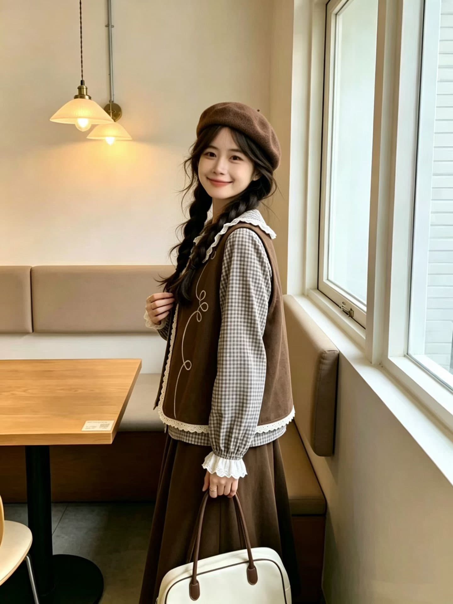 2026 가을 새로운 자수 레이스 패치워크 체크무늬 세트 베이비 칼라 셔츠 투피스 세트 이미지 3