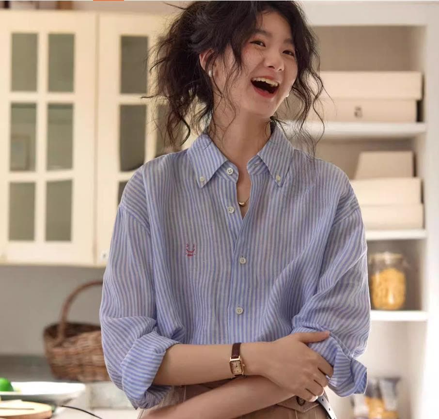 프랑스식 파란색 스트라이프 자외선 차단 아마 여성 셔츠 봄 외부 가져 가라. 디자인 센스 긴팔 셔츠 재킷 자수 맨위 이미지 3