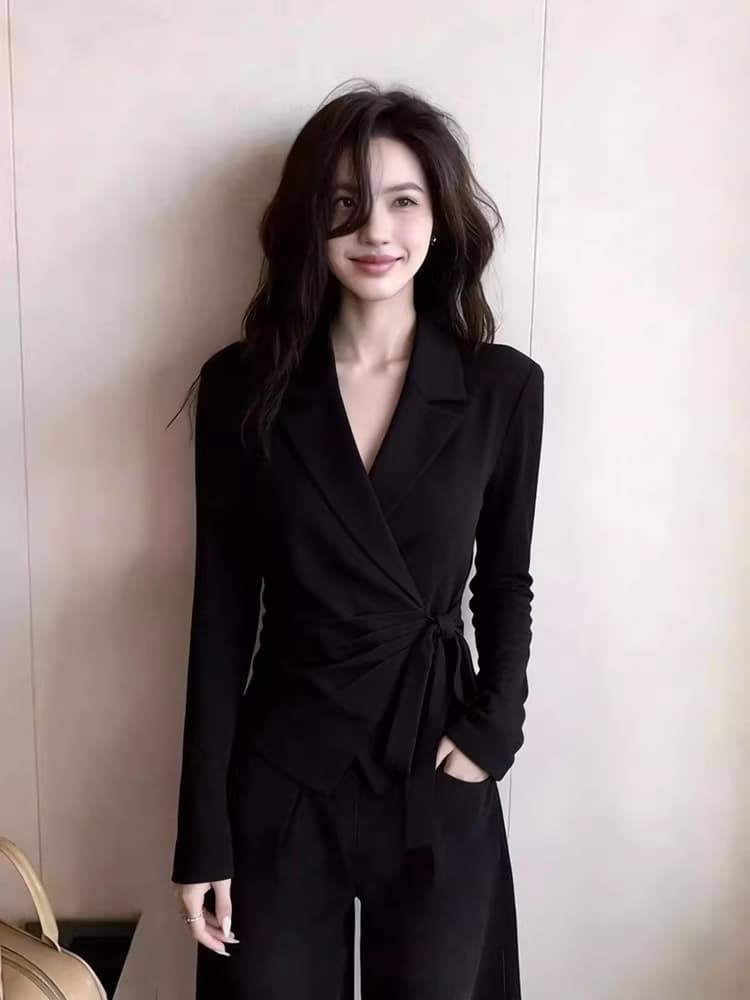 직장 출퇴근 품격 숙련 된 검정색 셔츠 재킷 2026 이른 봄 새로운 여성 의류 측면 레이스업 고유 한 맨위 상세 이미지 1