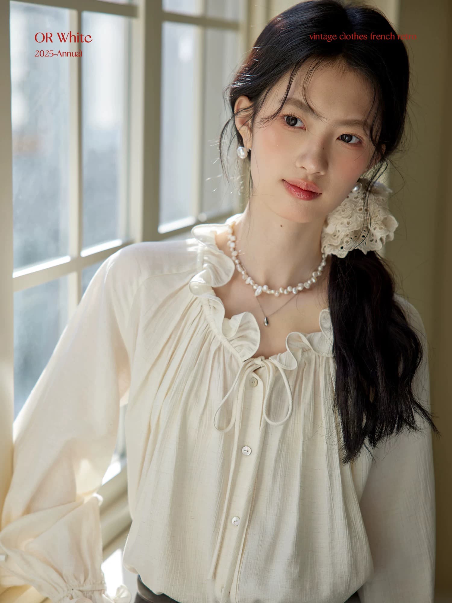 orwhite 프랑스식 레트로 V넥 목이버섯 레이스 레이스업 나팔 소매 여성 셔츠 디자인 센스 슬림해 보이는 품격 상세 이미지 2