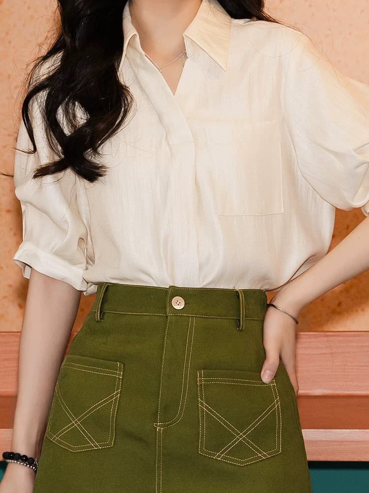 첸 좋은 청소 다우 시시 우유 냉동 레트로 단색 반팔 여성 셔츠 여름 2026 새로운 루즈핏 Chic 맨위 이미지 3