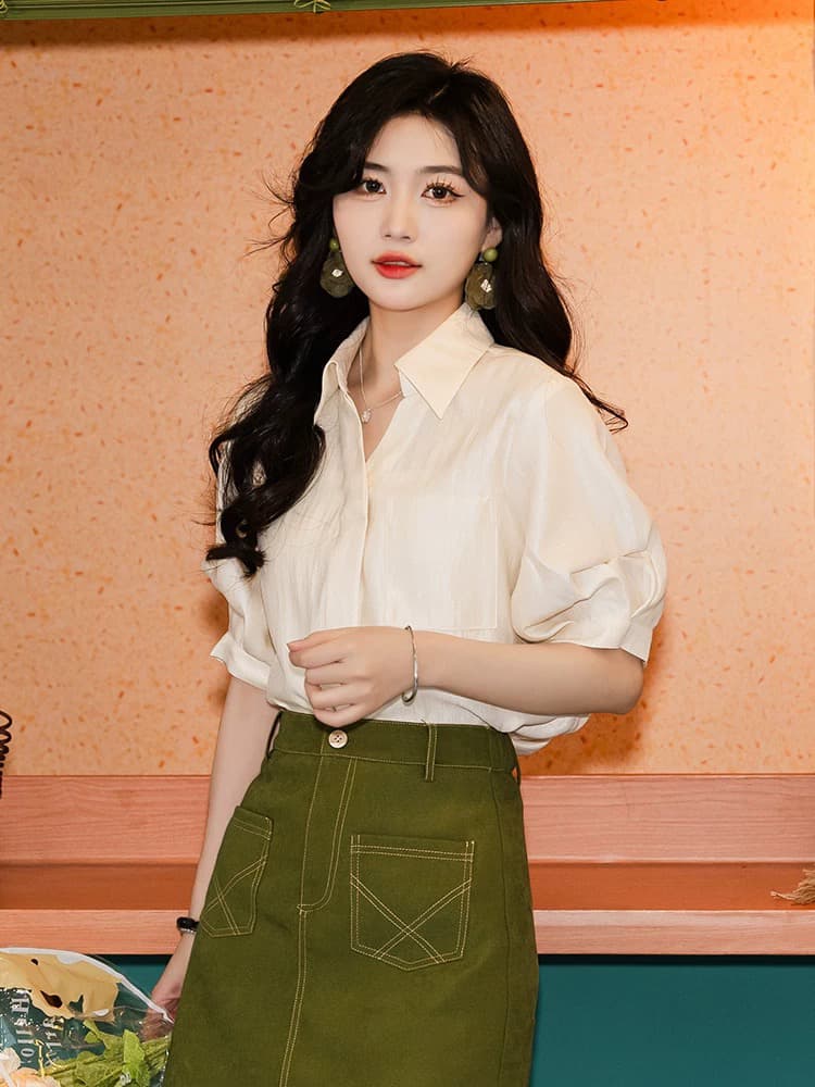 첸 좋은 청소 다우 시시 우유 냉동 레트로 단색 반팔 여성 셔츠 여름 2026 새로운 루즈핏 Chic 맨위 상세 이미지 4