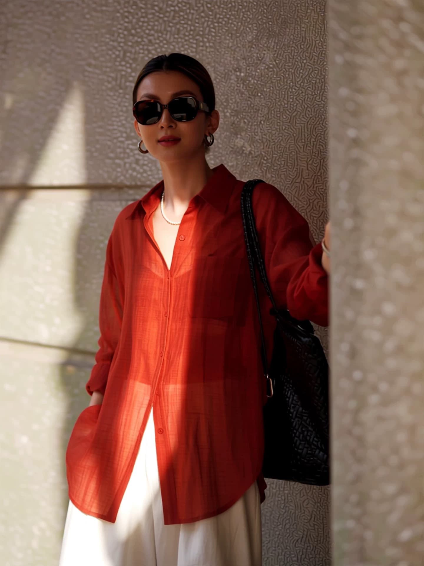 빨간색 라미 긴팔 여성 셔츠 2026 년 여름 새로운 항구 바람 셔츠 루즈핏 캐주얼 다용도 오픈 가디건 맨위 상세 이미지 5