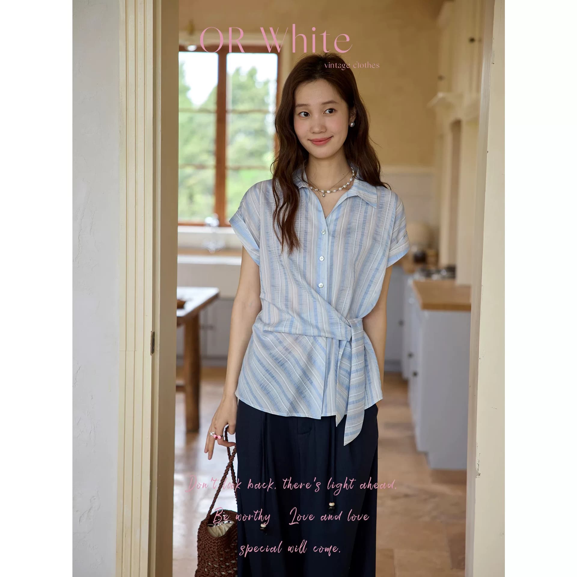 orwhite 프랑스식 레트로 여성 셔츠 여름 폴로 칼라 레이스업 파란색 세로 줄무늬 심지어 소매 루즈핏 슬림해 보이는 맨위 이미지 2