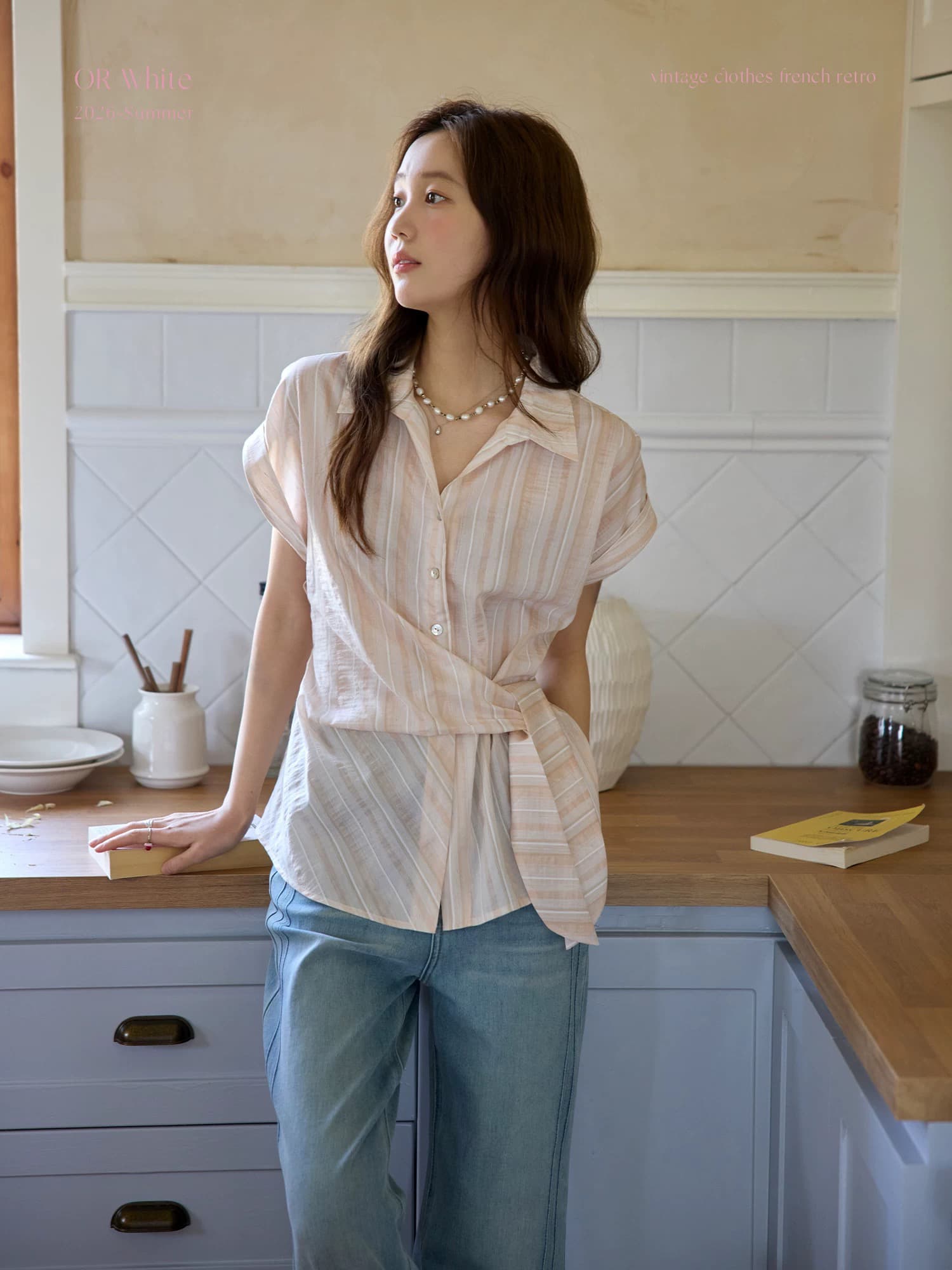 orwhite 프랑스식 레트로 여성 셔츠 여름 폴로 칼라 레이스업 파란색 세로 줄무늬 심지어 소매 루즈핏 슬림해 보이는 맨위 이미지 3