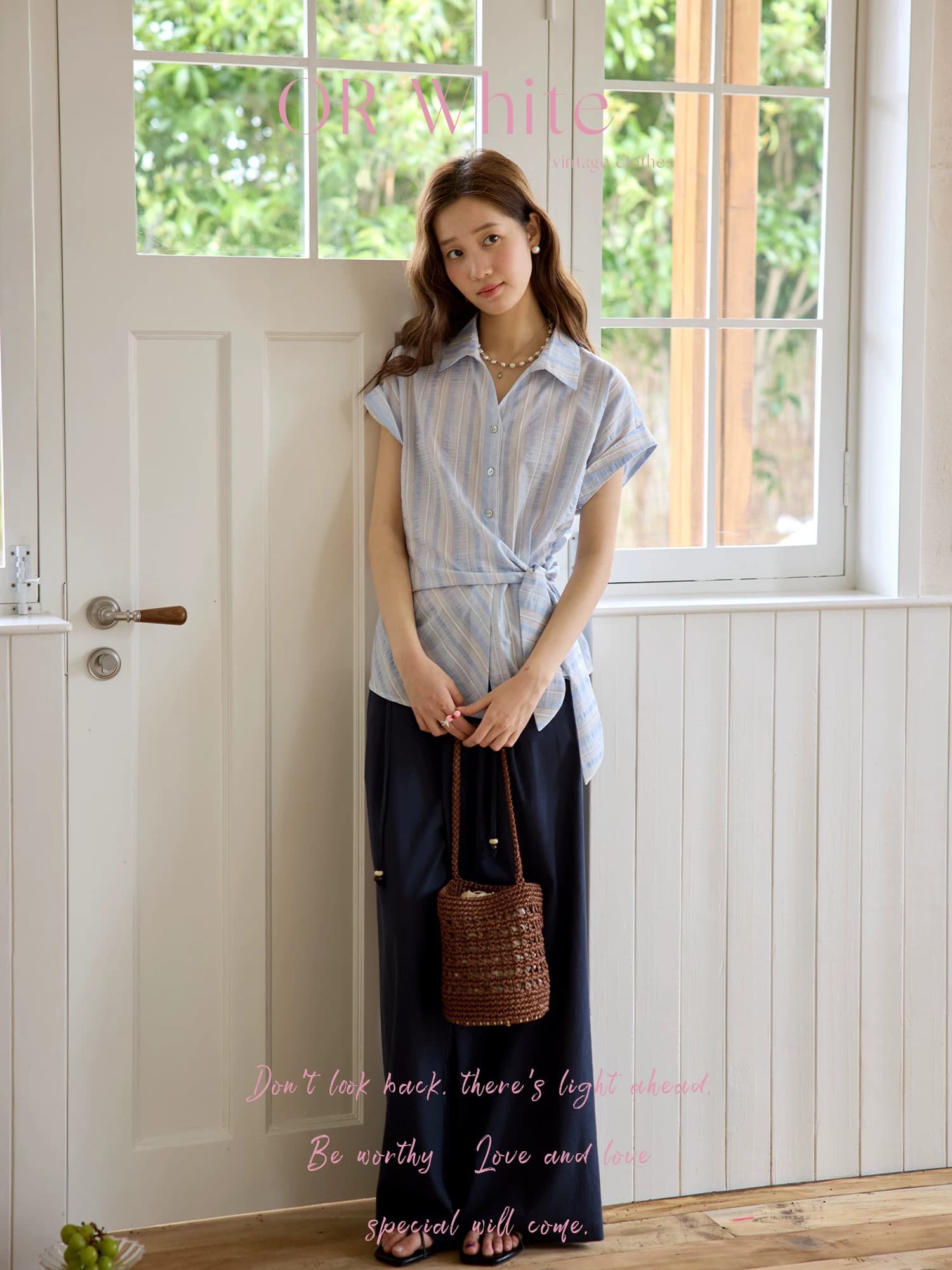 orwhite 프랑스식 레트로 여성 셔츠 여름 폴로 칼라 레이스업 파란색 세로 줄무늬 심지어 소매 루즈핏 슬림해 보이는 맨위 상세 이미지 6