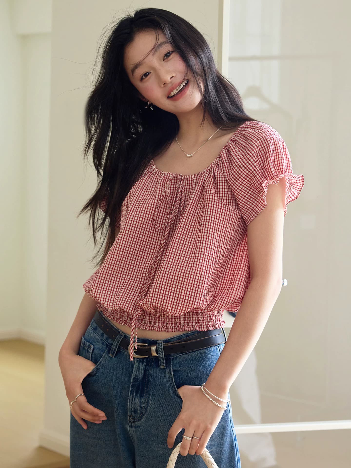 1313 레트로 활력 빨간색 체크무늬 명중 가져 가라. 허리 수축 거품 소매 작은 셔츠 여성 여름 쇼트 스타일 디스플레이 화이트 통기성 쉬폰 블라우스 상세 이미지 3