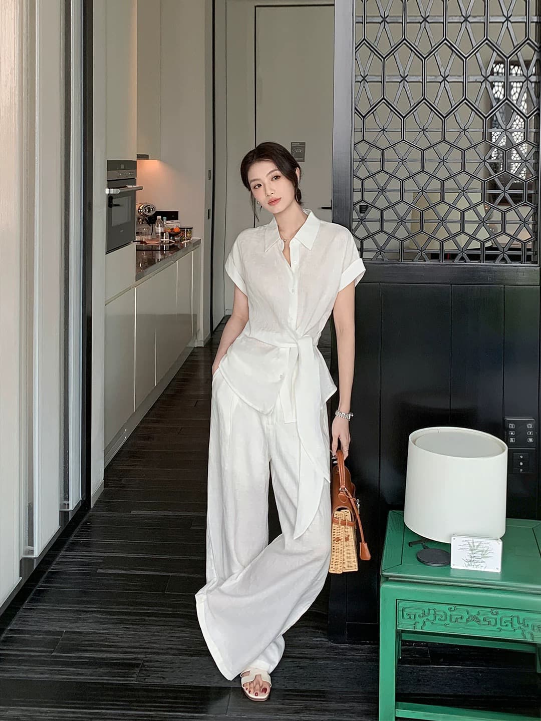 maven lin 편안함 제인 파이 1oo 아마 박쥐 반팔 여성 셔츠 느슨함 센스 허리 수축 레이스업 셔츠 이미지 4