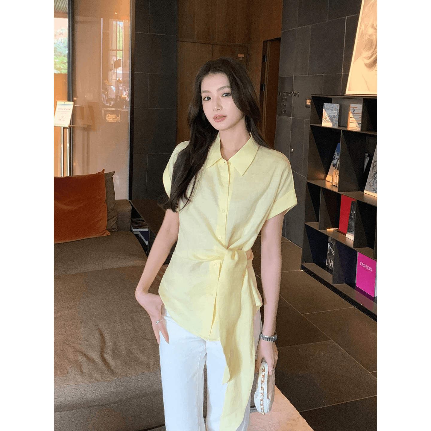 maven lin 편안함 제인 파이 1oo 아마 박쥐 반팔 여성 셔츠 느슨함 센스 허리 수축 레이스업 셔츠 이미지 5