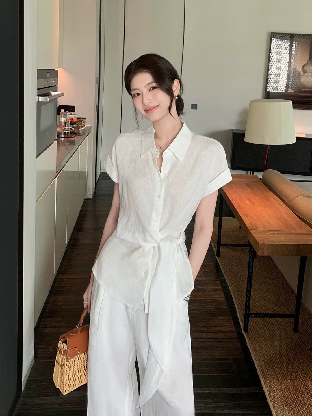 maven lin 편안함 제인 파이 1oo 아마 박쥐 반팔 여성 셔츠 느슨함 센스 허리 수축 레이스업 셔츠 상세 이미지 2