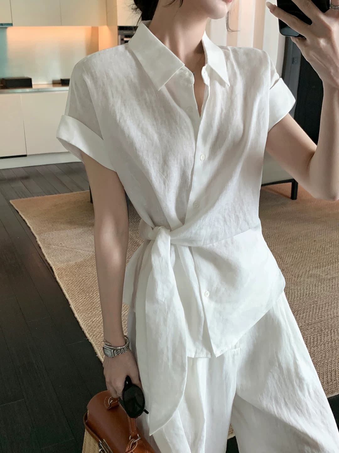 maven lin 편안함 제인 파이 1oo 아마 박쥐 반팔 여성 셔츠 느슨함 센스 허리 수축 레이스업 셔츠 상세 이미지 5