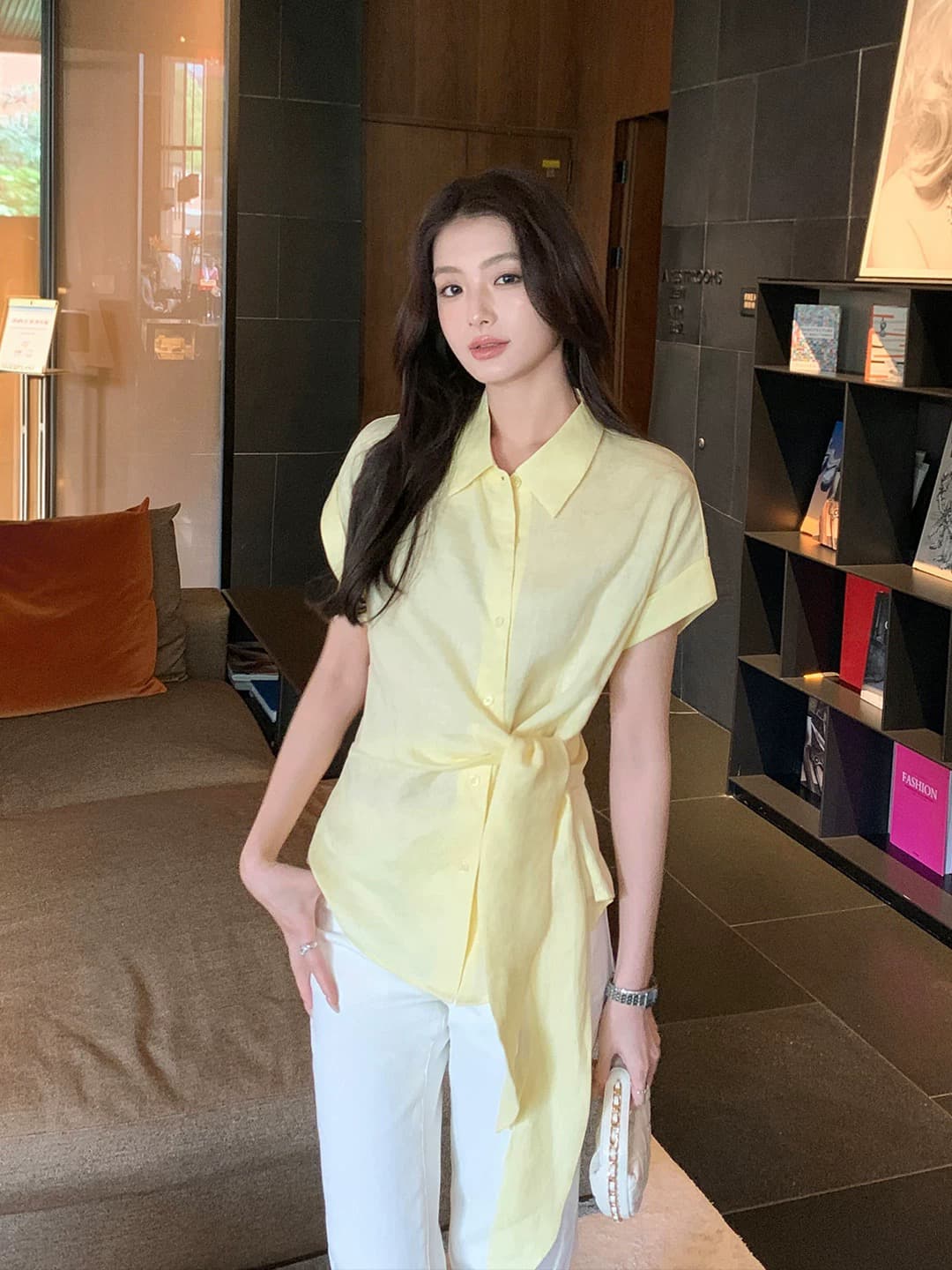 maven lin 편안함 제인 파이 1oo 아마 박쥐 반팔 여성 셔츠 느슨함 센스 허리 수축 레이스업 셔츠 상세 이미지 6