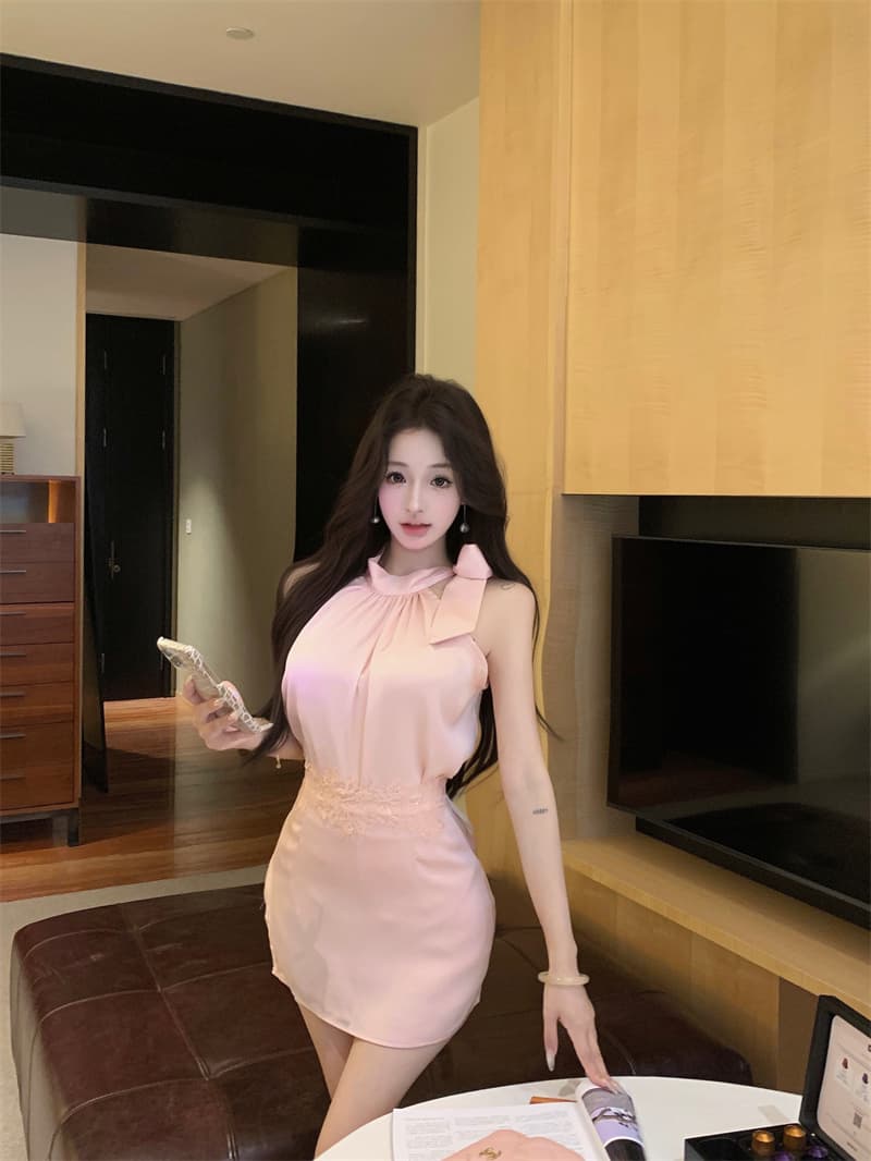 실사 유약 분말 세트 민소매 행침 목 맨위 하이웨이스트 한 마디 반신 스커트 플러스 레이스 허리 인감 상세 이미지 15