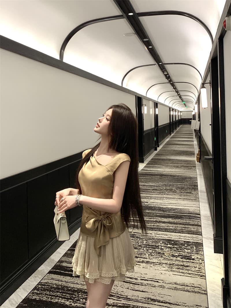 실사 물총새 물총새 옥 실행 비싼 가스 센스 천 골드 흔들다 칼라 스트랩 맨위 레이스 플리츠 치마바지 두 조각 여성 세트 상세 이미지 6