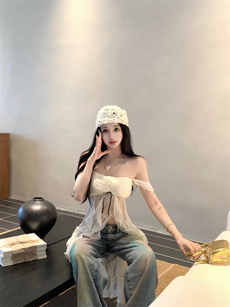 실사 오프숄더 레이스 망사 홀로우 아웃 슬립 티셔츠 여성 핫걸 슬림해 보이는 맨위 이미지 3