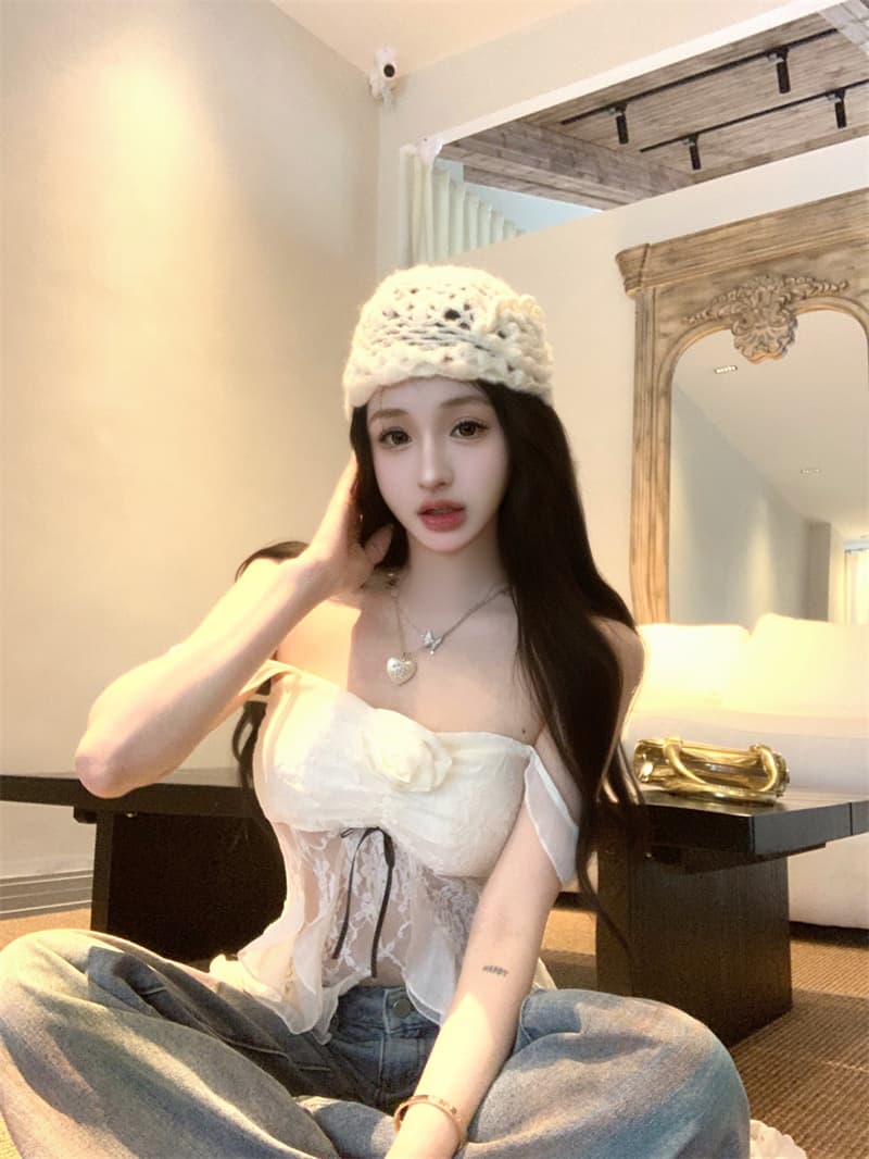 실사 오프숄더 레이스 망사 홀로우 아웃 슬립 티셔츠 여성 핫걸 슬림해 보이는 맨위 상세 이미지 2