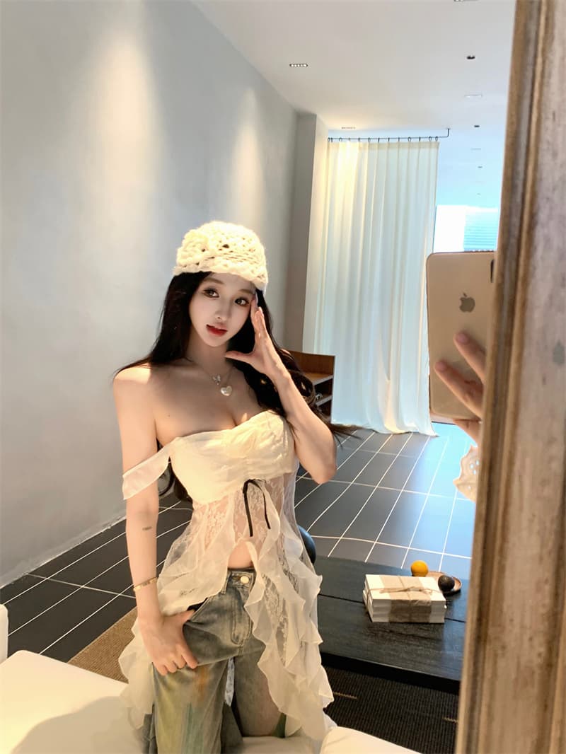 실사 오프숄더 레이스 망사 홀로우 아웃 슬립 티셔츠 여성 핫걸 슬림해 보이는 맨위 상세 이미지 4