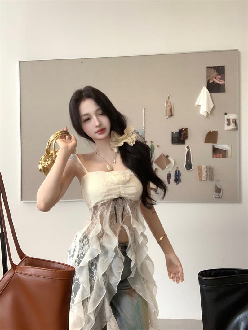 실사 오프숄더 레이스 망사 홀로우 아웃 슬립 티셔츠 여성 핫걸 슬림해 보이는 맨위 상세 이미지 6