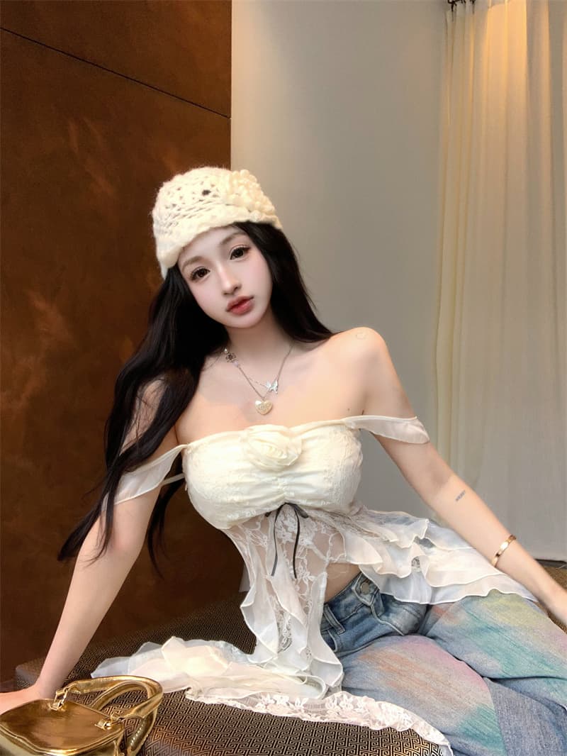 실사 오프숄더 레이스 망사 홀로우 아웃 슬립 티셔츠 여성 핫걸 슬림해 보이는 맨위 상세 이미지 8