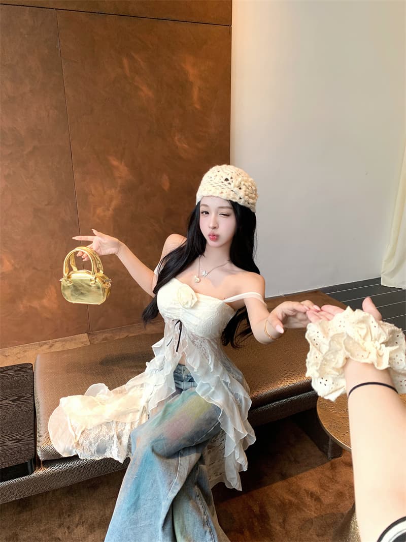 실사 오프숄더 레이스 망사 홀로우 아웃 슬립 티셔츠 여성 핫걸 슬림해 보이는 맨위 상세 이미지 9