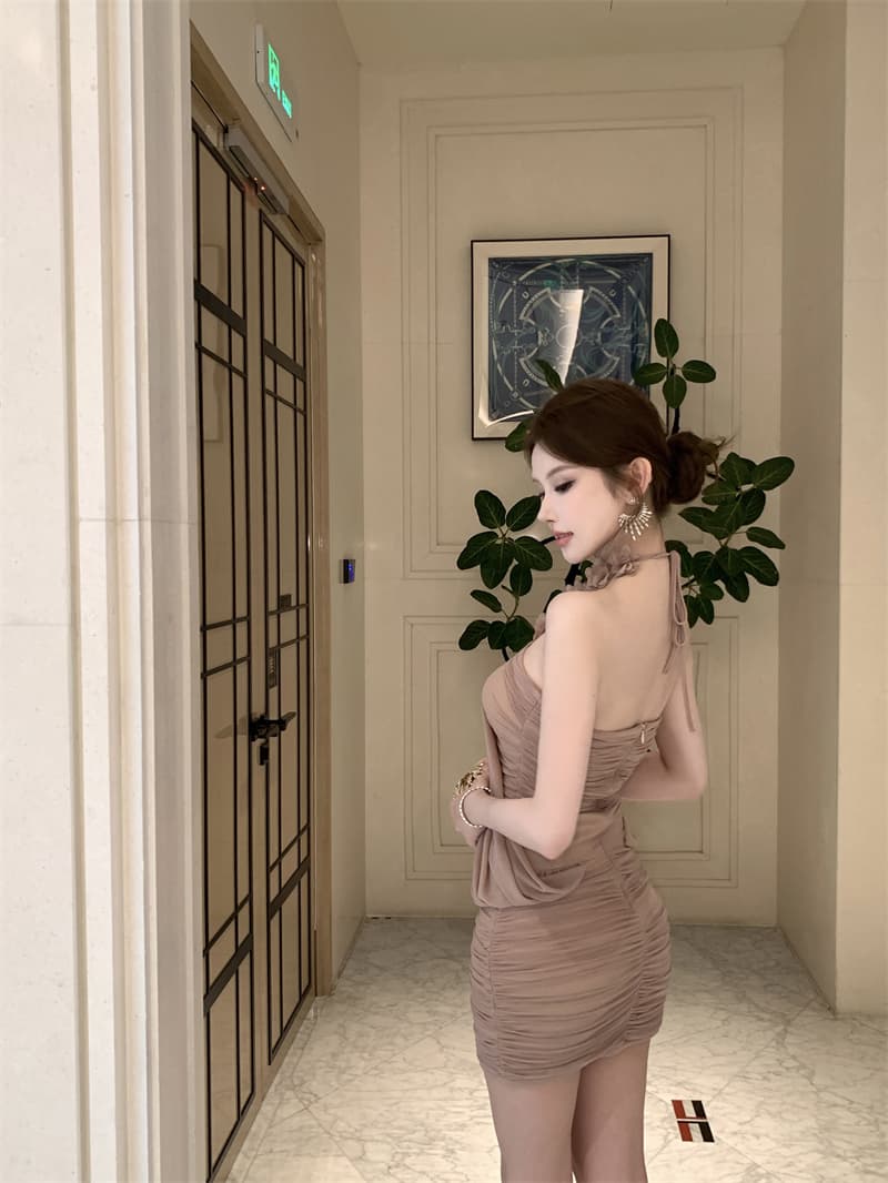 실사 프랑스식 섹시함 바람 꽃 행침 목 여성 드레스 고급 센스 몸매 가꾸기 주름 타이트 스커트 미니 스커트 이미지 3