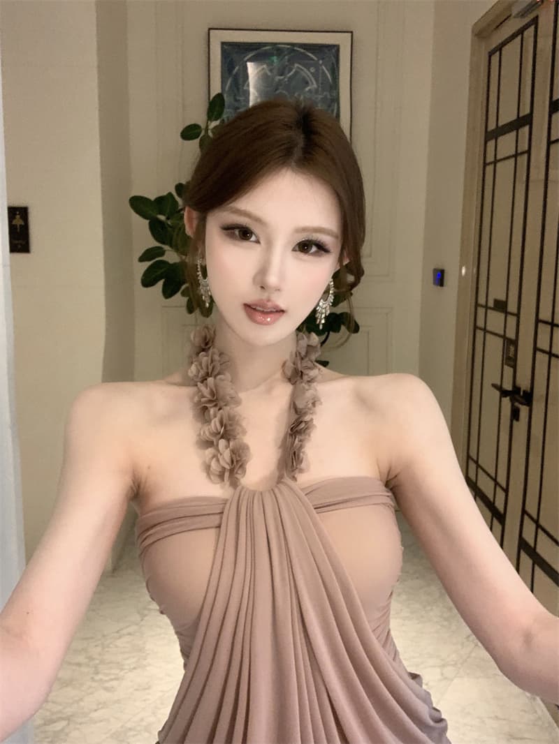 실사 프랑스식 섹시함 바람 꽃 행침 목 여성 드레스 고급 센스 몸매 가꾸기 주름 타이트 스커트 미니 스커트 상세 이미지 6