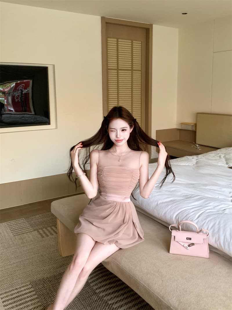 실사 생일 작은 행사 치마 천 골드 착용 가져 가라. 튜브탑 알몸의 핑크색 망사 주름 드레스 아이들 품격 미니 스커트 상세 이미지 4