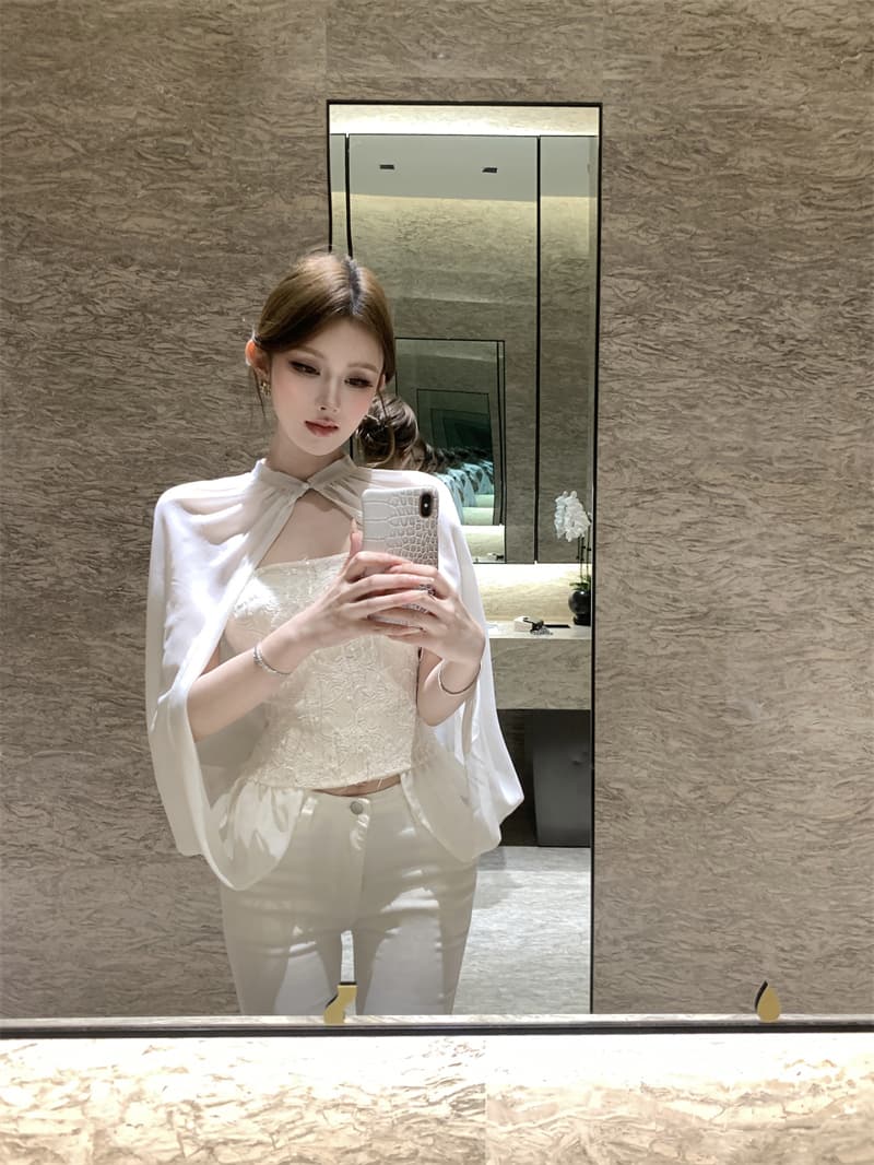 실사 프랑스식 작은 샤넬 스타일 레이스 튜브탑 망사 망토 페이크 레이어드 셔츠 맨위 상세 이미지 11
