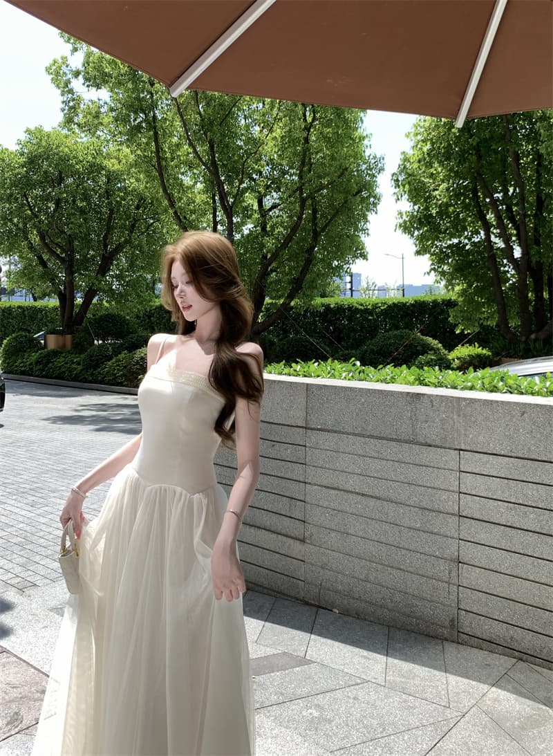 약속으로 이동 산 바다 구슬 리본 패치워크 슬립 망사 치마 여성 여름 허리 수축 슬림해 보이는 아름다운 라이센스 데이트 롱 스커트 상세 이미지 1