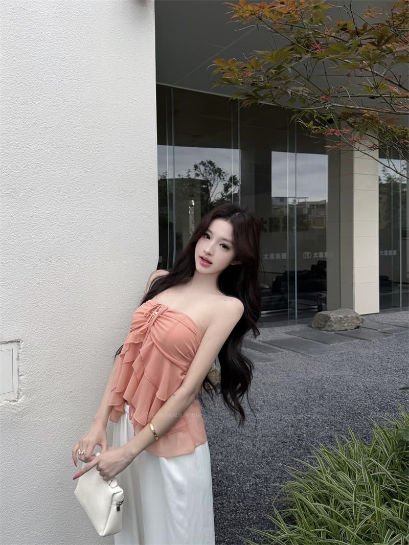 실사 프릴 스트랩 행침 목 튜브탑 슬립 품격 외출용 몸매 가꾸기 인사이드 가져 가라. 허리 수축 쇼트 스타일 쉬폰 톱 상세 이미지 1