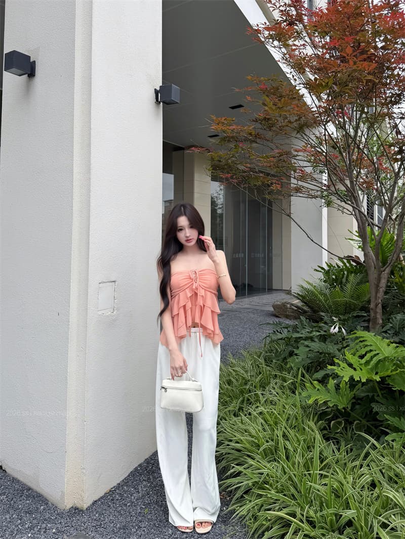 실사 프릴 스트랩 행침 목 튜브탑 슬립 품격 외출용 몸매 가꾸기 인사이드 가져 가라. 허리 수축 쇼트 스타일 쉬폰 톱 상세 이미지 8