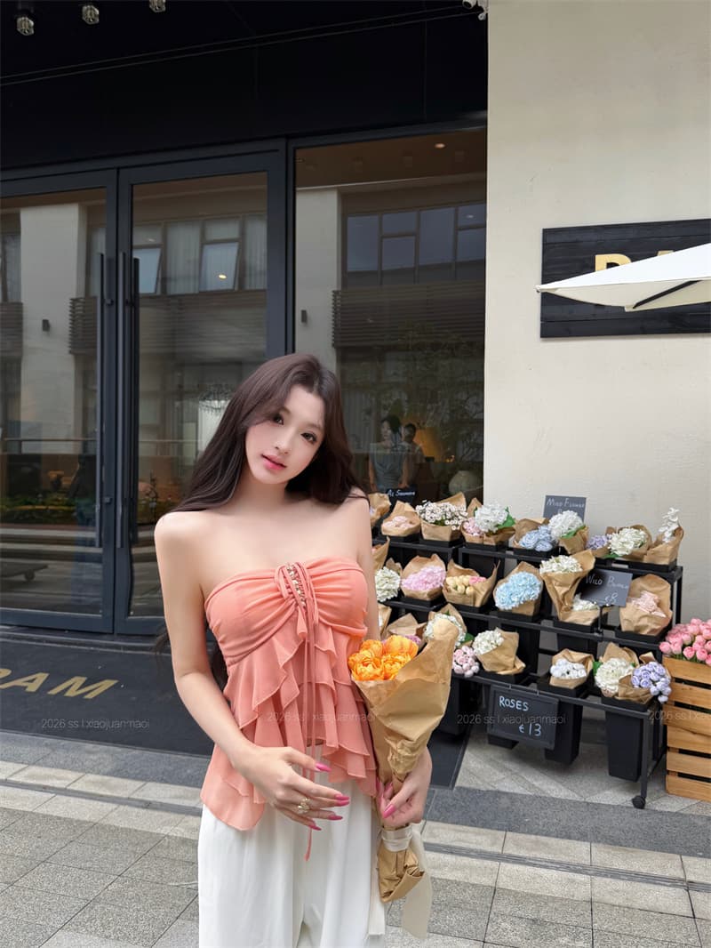 실사 프릴 스트랩 행침 목 튜브탑 슬립 품격 외출용 몸매 가꾸기 인사이드 가져 가라. 허리 수축 쇼트 스타일 쉬폰 톱 상세 이미지 13