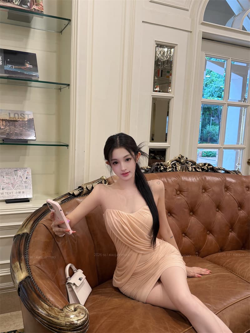 실사 부드러운 실 알몸의 조정 순수한 욕망 바람 3 차원 불규칙 주름 허리 수축 슬림해 보이는 타이트 스커트 여름 드레스 상세 이미지 3