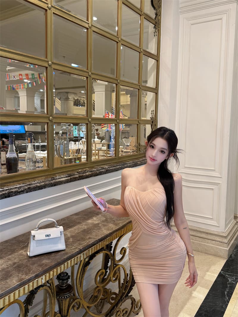 실사 부드러운 실 알몸의 조정 순수한 욕망 바람 3 차원 불규칙 주름 허리 수축 슬림해 보이는 타이트 스커트 여름 드레스 상세 이미지 4