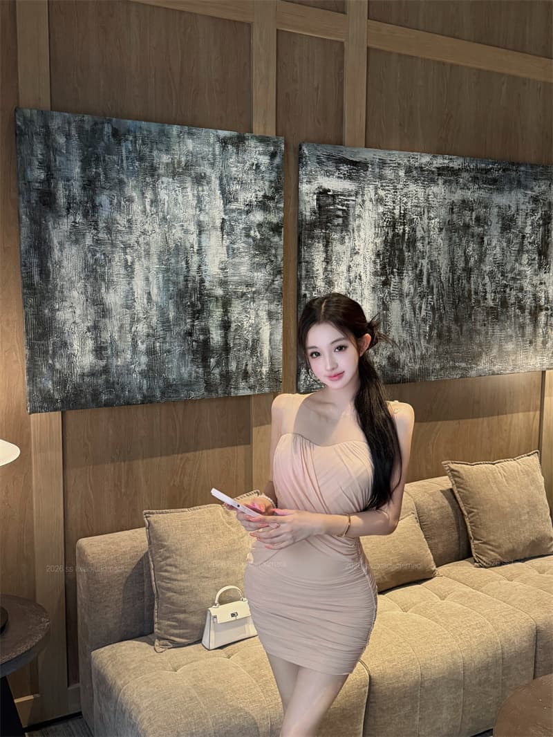 실사 부드러운 실 알몸의 조정 순수한 욕망 바람 3 차원 불규칙 주름 허리 수축 슬림해 보이는 타이트 스커트 여름 드레스 상세 이미지 15