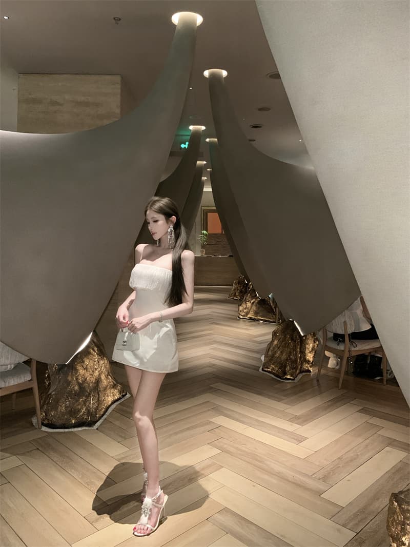 실사 프랑스식 여성 드레스 새로운 오프숄더 술 한 마디 미니 스커트 튜브탑 생일 데이트 치마 상세 이미지 5