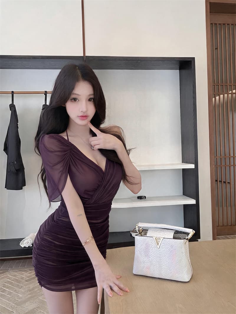 실사 순수한 욕망 바람 섹시함 V넥 주름 숄 타이트 스커트 드레스 허리 수축 몸매 가꾸기 슬림해 보이는 롱 스커트
