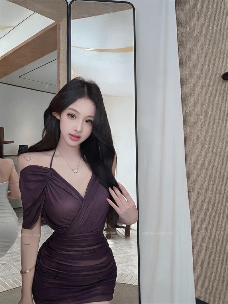 실사 순수한 욕망 바람 섹시함 V넥 주름 숄 타이트 스커트 드레스 허리 수축 몸매 가꾸기 슬림해 보이는 롱 스커트 상세 이미지 6