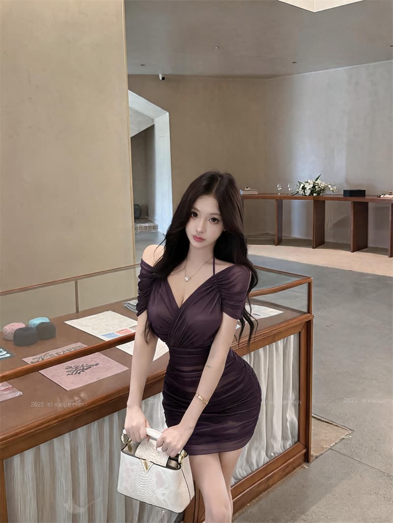실사 순수한 욕망 바람 섹시함 V넥 주름 숄 타이트 스커트 드레스 허리 수축 몸매 가꾸기 슬림해 보이는 롱 스커트 상세 이미지 7