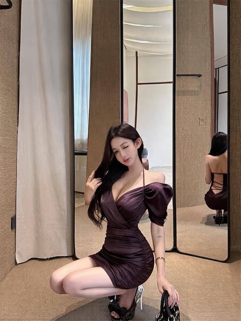 실사 순수한 욕망 바람 섹시함 V넥 주름 숄 타이트 스커트 드레스 허리 수축 몸매 가꾸기 슬림해 보이는 롱 스커트 상세 이미지 13