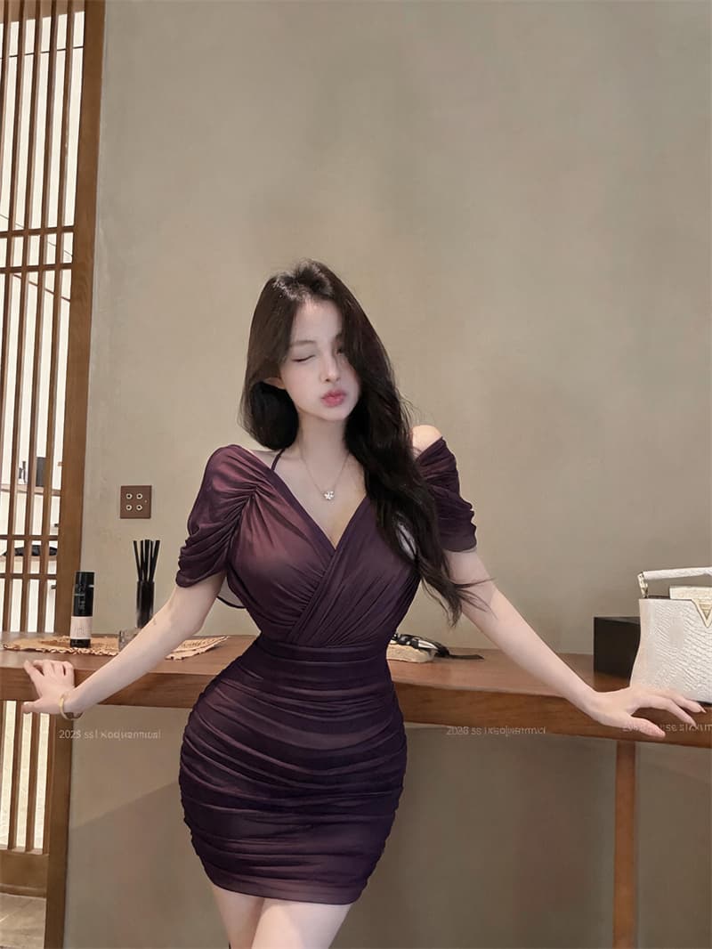 실사 순수한 욕망 바람 섹시함 V넥 주름 숄 타이트 스커트 드레스 허리 수축 몸매 가꾸기 슬림해 보이는 롱 스커트 상세 이미지 4