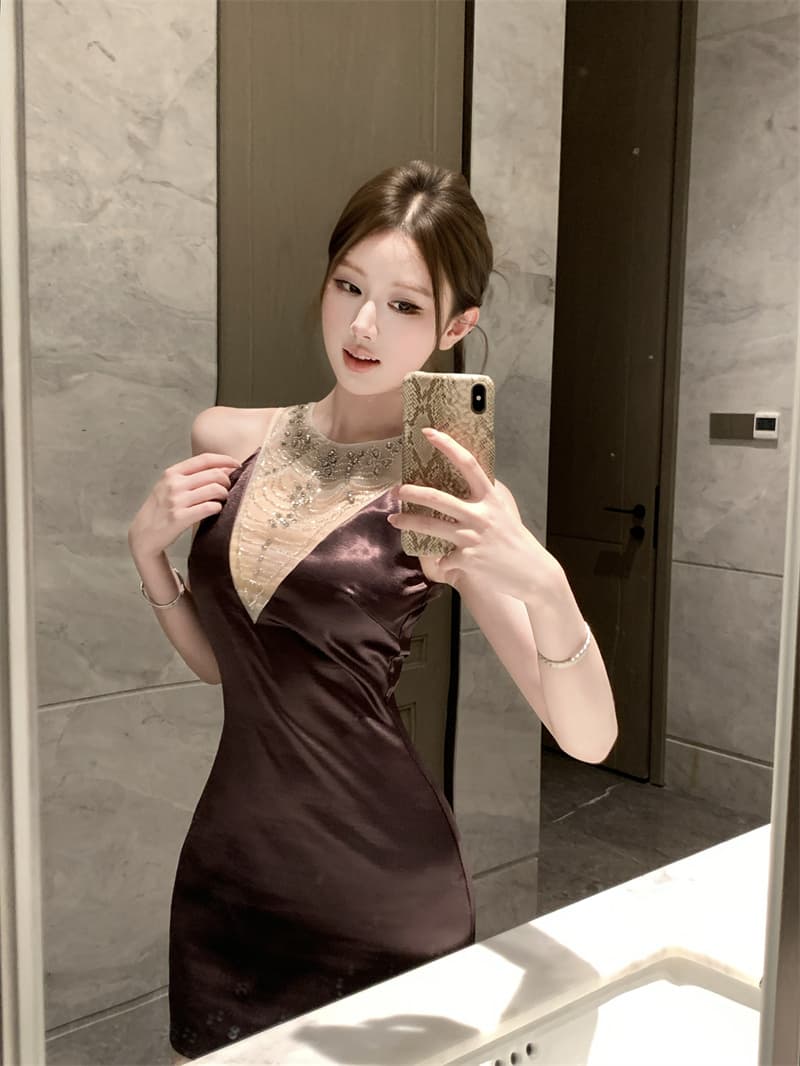 보라색 비즈 박기 새틴 민소매 여성 드레스 여름 고대 조기 센스 천 골드 품격 아름다운 몸매 가꾸기 생일 짧은 치마 상세 이미지 1