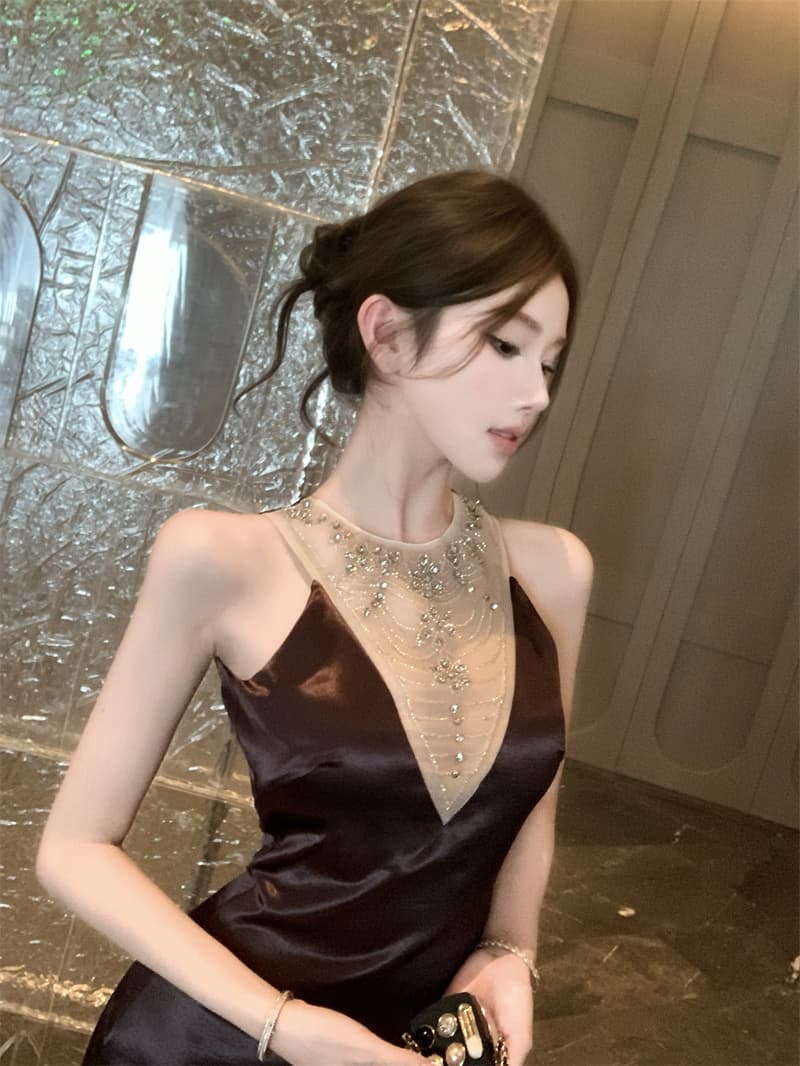보라색 비즈 박기 새틴 민소매 여성 드레스 여름 고대 조기 센스 천 골드 품격 아름다운 몸매 가꾸기 생일 짧은 치마 상세 이미지 3