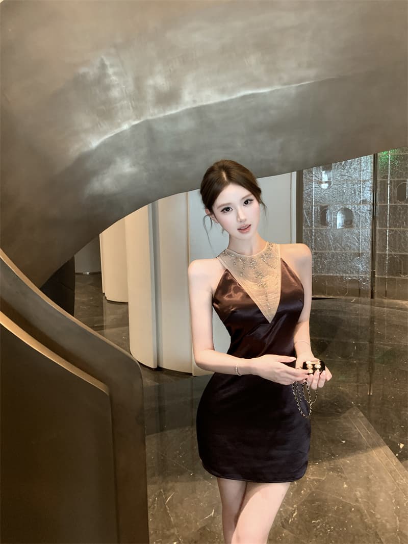 보라색 비즈 박기 새틴 민소매 여성 드레스 여름 고대 조기 센스 천 골드 품격 아름다운 몸매 가꾸기 생일 짧은 치마 상세 이미지 9