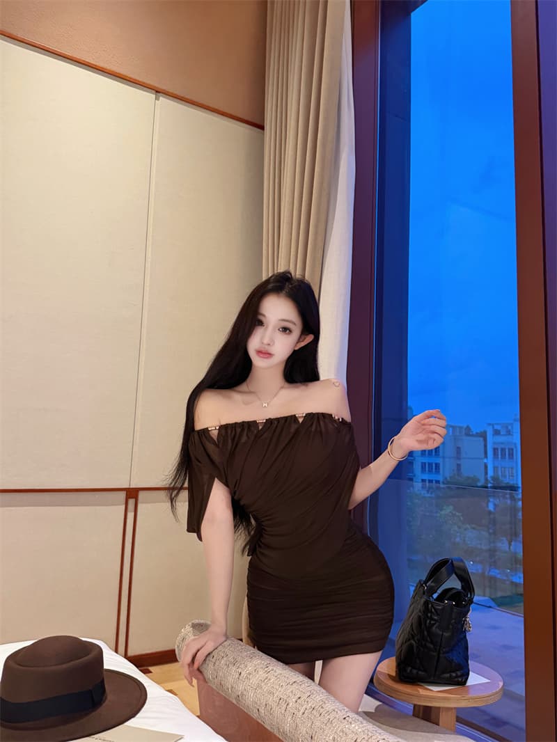 실사 오프숄더 프랑스식 여성 드레스 연회 데이트 새로운 망사 타이트 스커트 주름 치마 상세 이미지 14