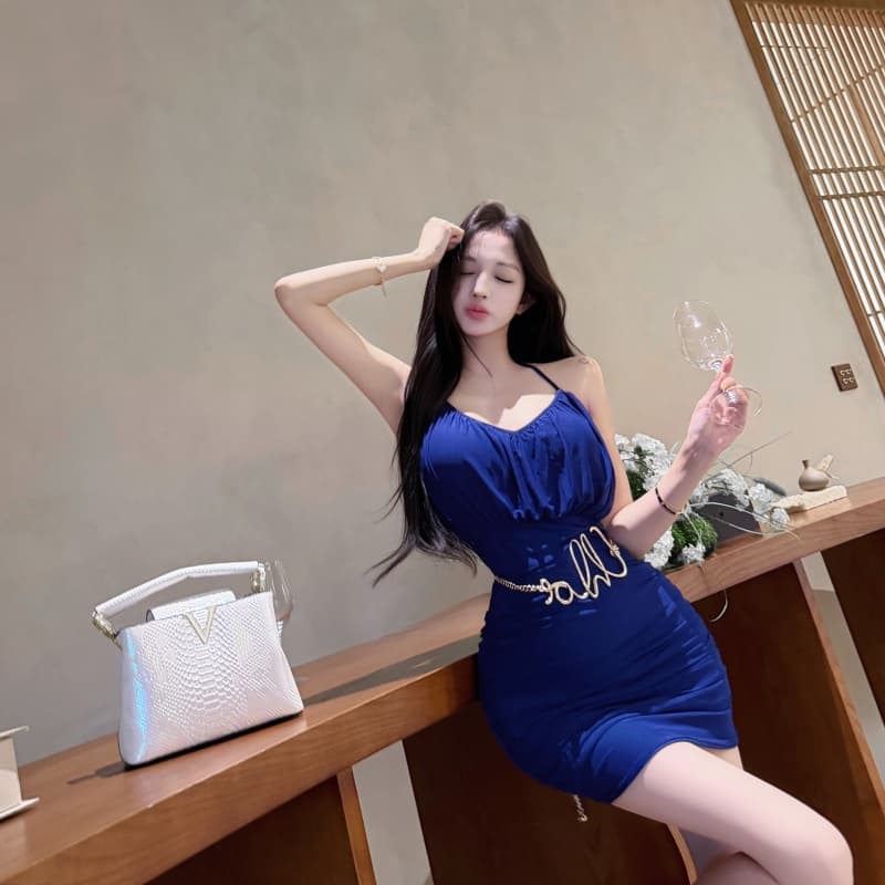 실사 진한 파란색 가볍게 하다 럭셔리 질감 행침 목 치마 허리 수축 로얄 자매 바람 드레스 저녁 식사 미니 스커트 상세 이미지 17