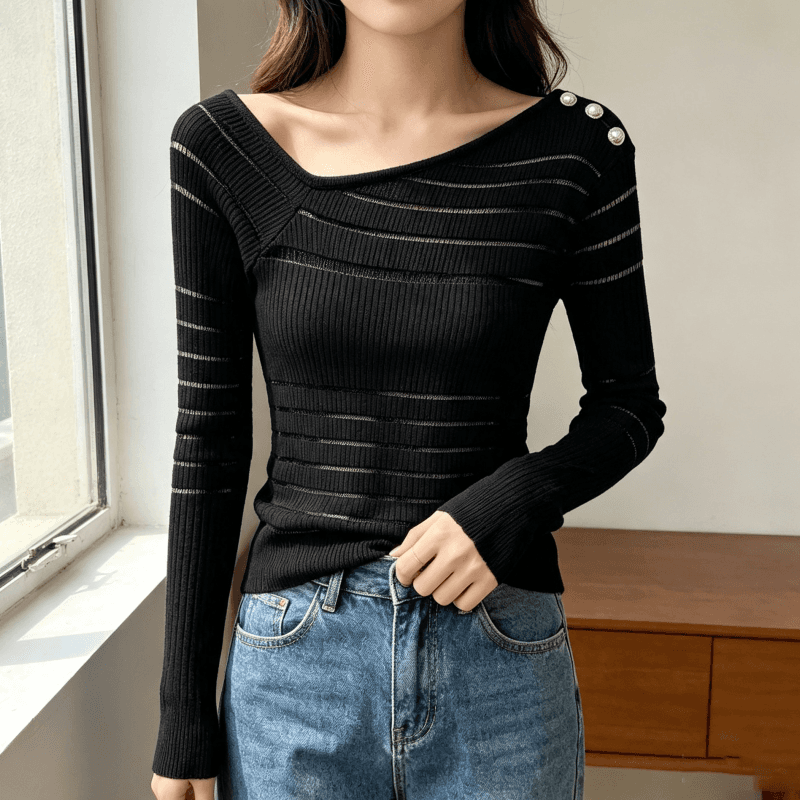 순수한 욕망 핫걸 품격 비스듬한 칼라 오프숄더 엠보싱 버클 니트 여성 시스루 몸매 가꾸기 슬림해 보이는 섹시함 맨위 이미지 5